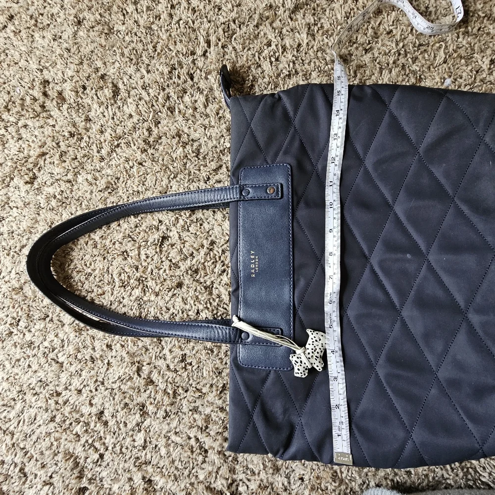 Radley Leather And Nylon Preppy British Navy‎ Quilted Dog Charm Tote Bag